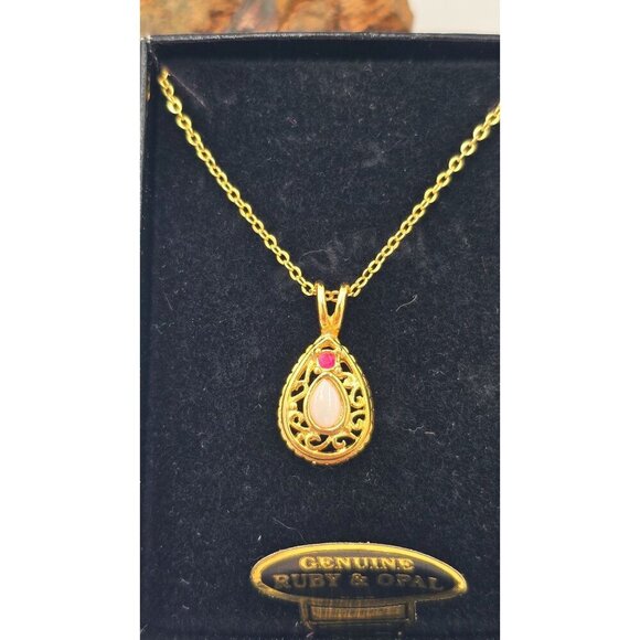 Van Doran Genuine Ruby & Opal Gold Plated Pendant Necklace Spring Clasp - Picture 4 of 6